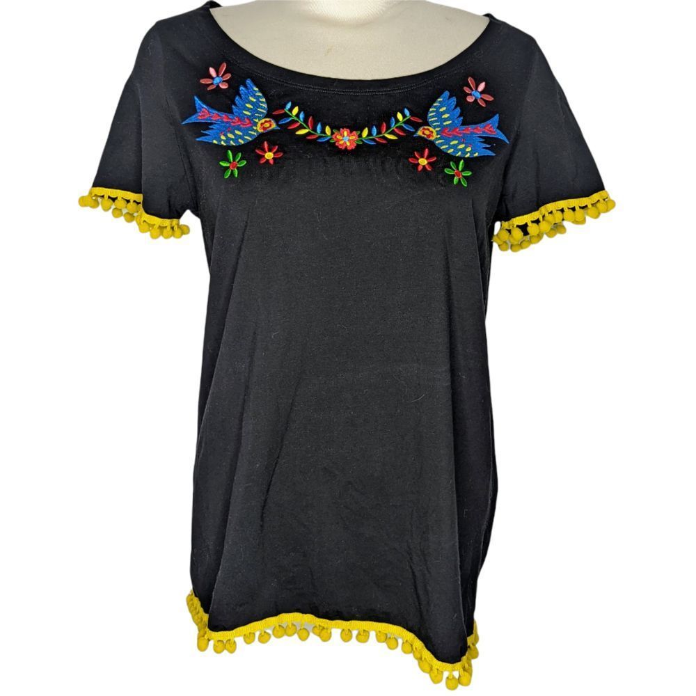 Too Fast Bird Blouse XXL Black Yellow Short sleeve Applique Birds Floral